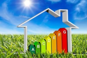 house with energy classes - on green meadow and sun in blue sky